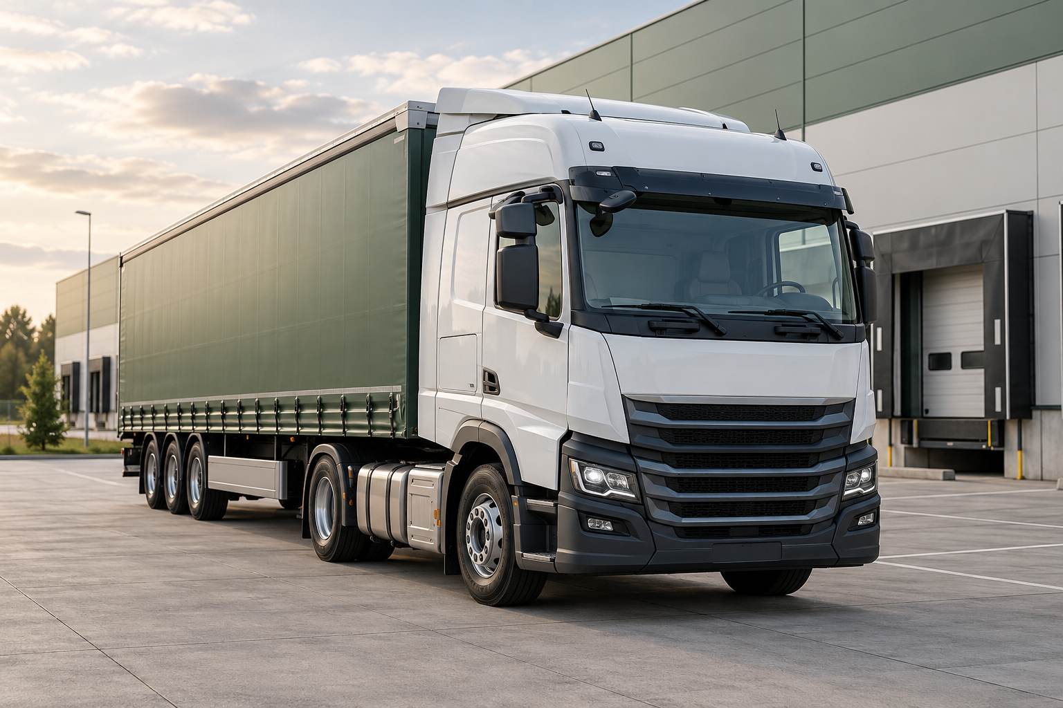 Commercial truck parked outside a logistics warehouse